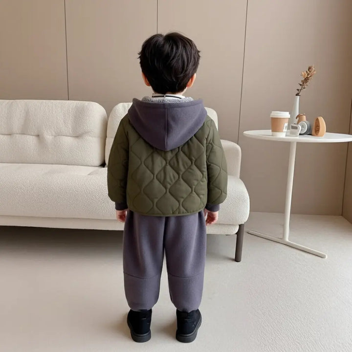 Boys Quilted Green Jacket With Grey Sweatshirt & Jogger Set TrendyKid