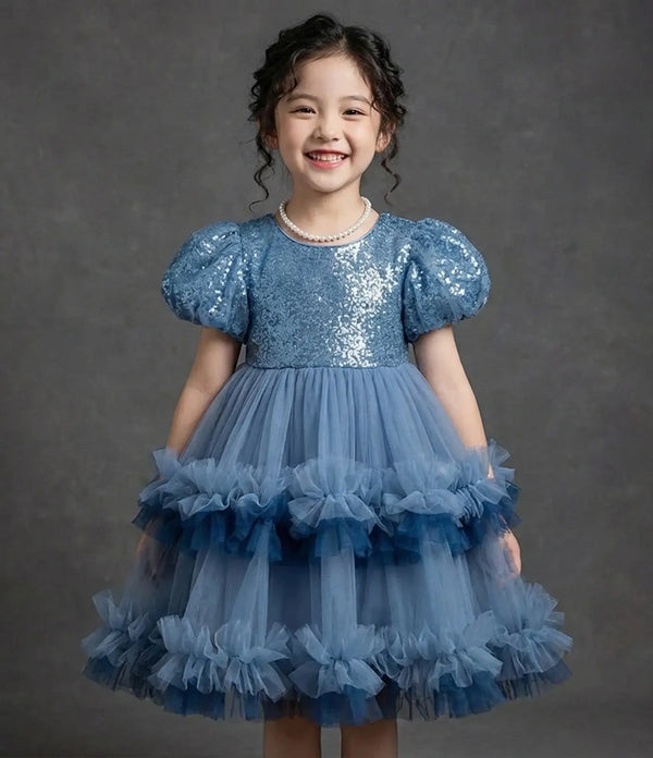 Girls Frill Sequin Ruffle Blue Dress TrendyKid