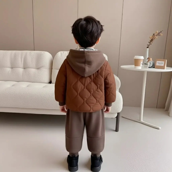 Boys Quilted Brown Jacket With Sweatshirt & Jogger Set TrendyKid