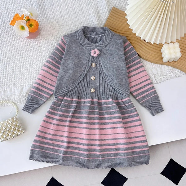 Girls Knitted Grey Striped Dress With Jacket