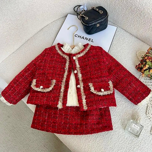 Girls Red Tweed Jacket and Skirt Set with Pearl Detailing