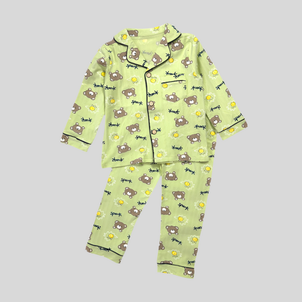 Kids Teddy Printed Green Night Suit