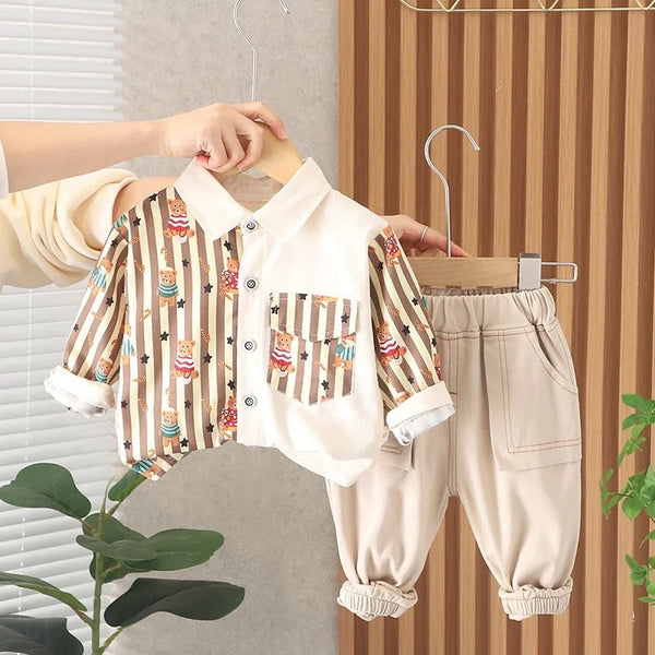 Boys Beige Striped Shirt & Trouser 2 Pcs Set