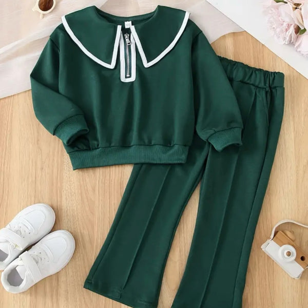 Girls Solid Green Top And Pants 2 Pcs Set