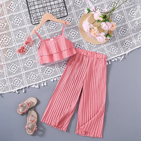 Girls Pink Pleated Crop Top And Plazzo 2 Pcs Set