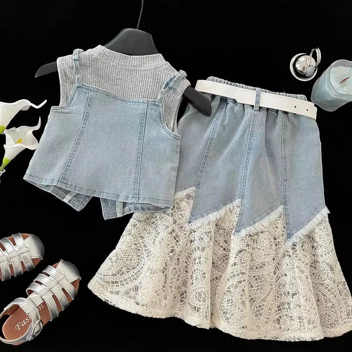 Girls Denim-Lace Co-ord Set TrendyKid