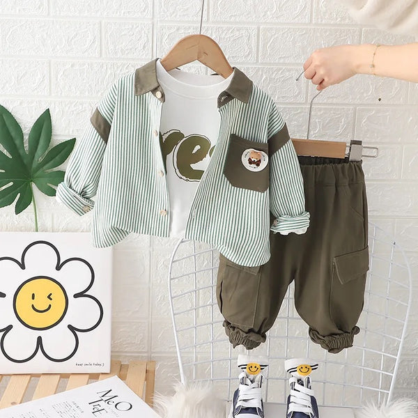 Boys Striped Block Design Shirt, T-shirt and Trouser Set