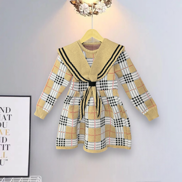 Girls Checkered Beige Knit Dress