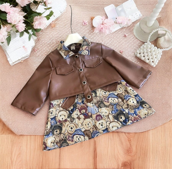 Girls Brown Short Jacket With Dress 2 Pcs Set