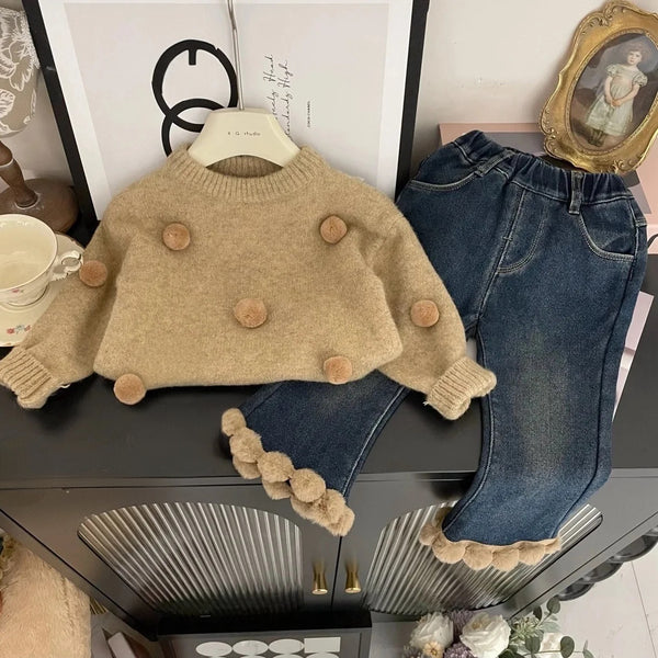 Girls Beige Pom-Pom Knit Sweater and Furry Hem Denim Pants Set