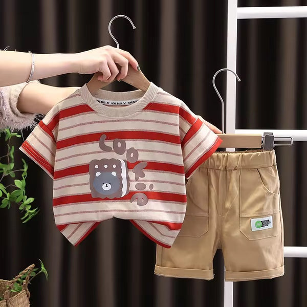 Boys Print-Striped T-shirt And Cargo Shorts
