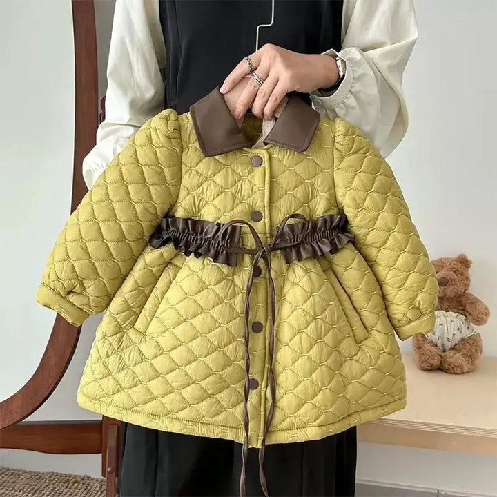 Girls Olive Quilted Winter Coat with Brown Ruffle Belt TrendyKid
