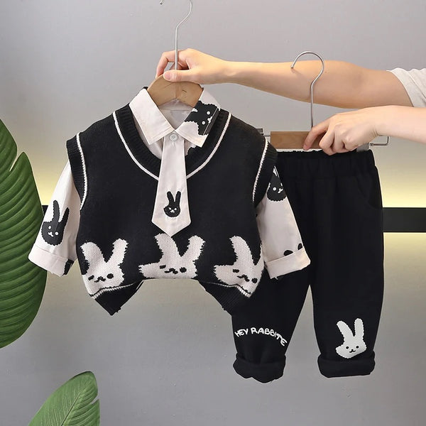 Boys Printed Sweater, Shirt And Jogger 4 Pcs Set