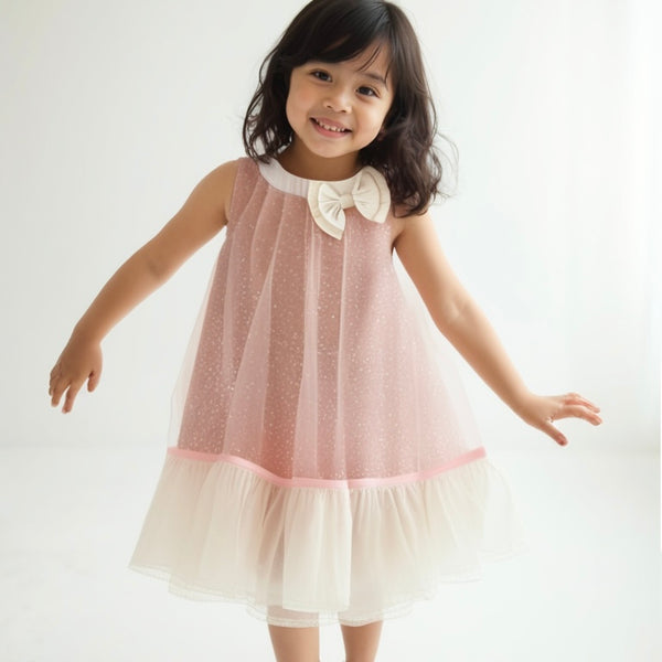 Girls Pink Tulle Party Dress With Bow And Ruffle Hem