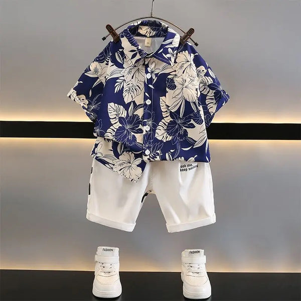 Boys Blue Floral Shirt With White Shorts 2 Pcs Set