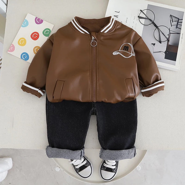 Boys Brown PU Jacket And Jeans 2 Pcs Set