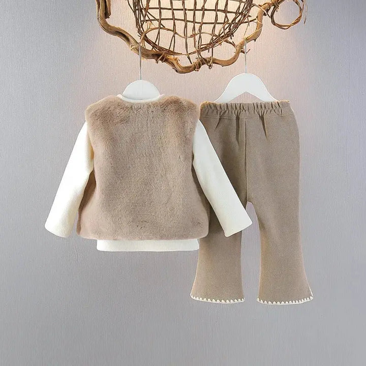 Girls Faux Fur Bow Jacket White Knit Top And Embellished Pants TrendyKid