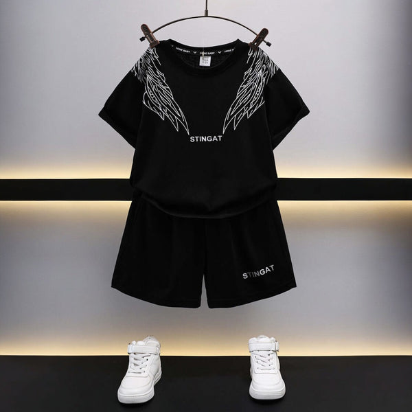 Boys Black Printed T-shirt And Shorts Set