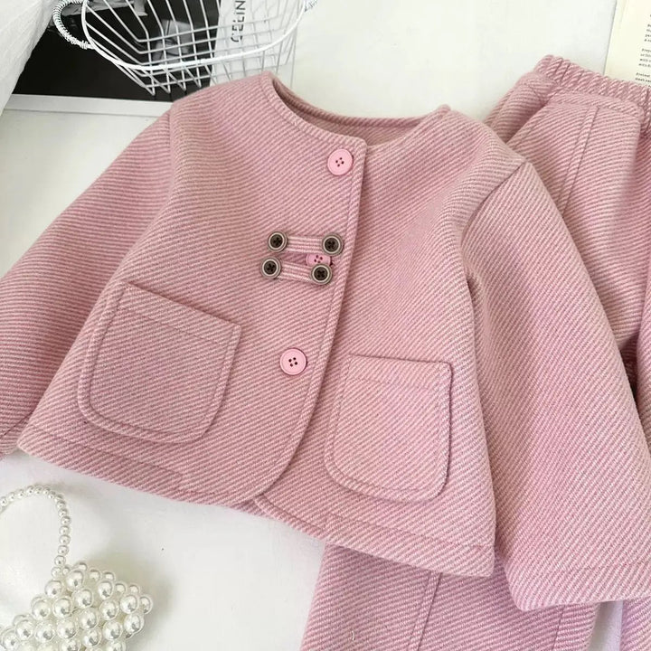Toddler Girl's Pink Wool-Blend Coat and Wide-Leg Pants Set