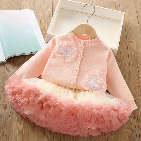 Girls Heart Sweater With Fluffy Skirt 2 Pcs Set