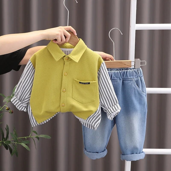 Boys Green Striped Shirt with Jeans 2 pc Set