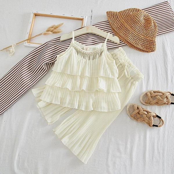 Girls White Pleated Co-ord Set