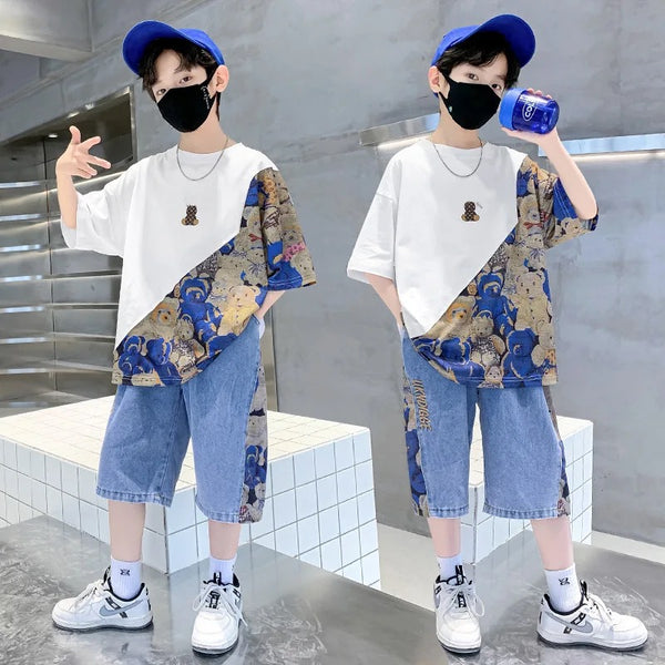 Boys White Teddy Printed T-Shirt And Shorts