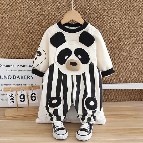 Boys Panda Striped Patch Design Dungaree And Sweatshirt Set