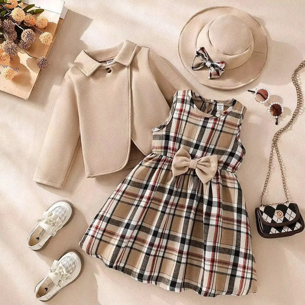 Girls Elegant Checkered Dress with Bow & Coat TrendyKid