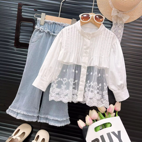 Girls Lace Panel Shirt With Denim