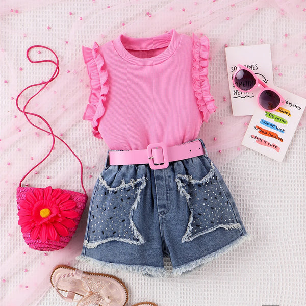 Girls Pink Top And Shorts With Belt 3 Pcs Set