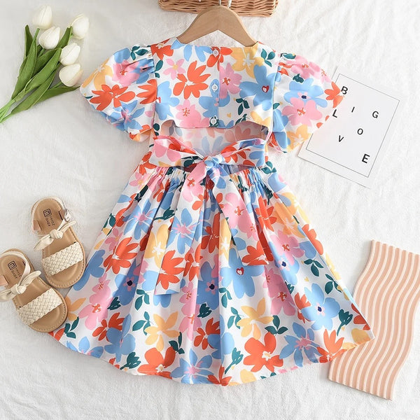 Girls Floral Printed Back Bow Dress