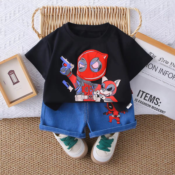 Boys Cartoon Printed Black Tee And Shorts