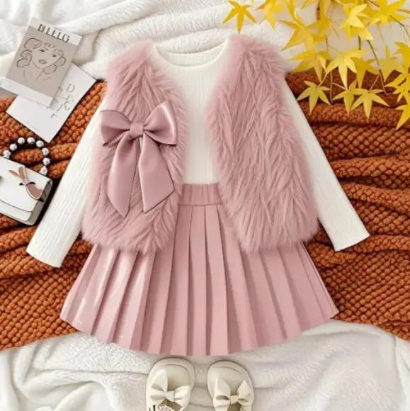 Girls Pink Faux Fur Jacket with Knitted Top And Pleated Skirt TrendyKid