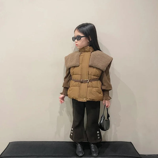 Girls Puffy Belted Jacket With Top and Trousers 3 Pcs Set