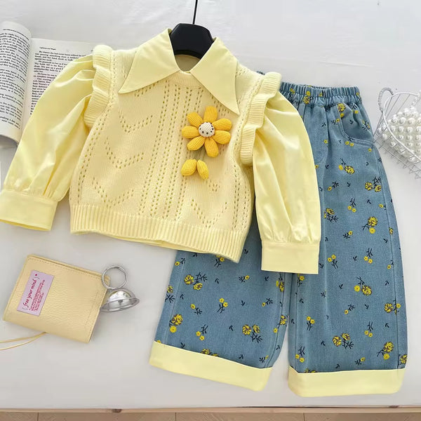 Girls Yellow Ruffle Top, knit Sweater And Printed Denim Pants.