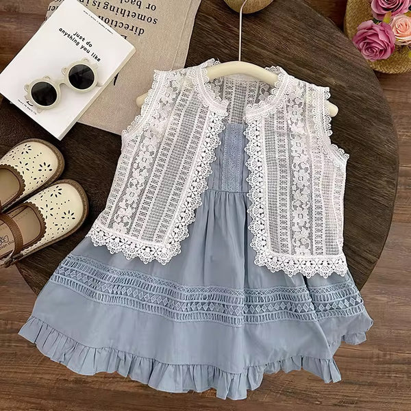 Girls Lace Shrug With Blue Dress