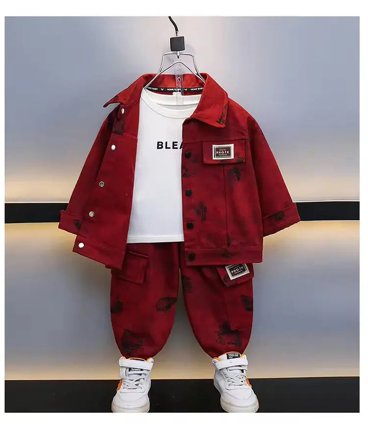 Boys Red Denim-Style Jacket & Jogger Co-ord Set with White Tee TrendyKid