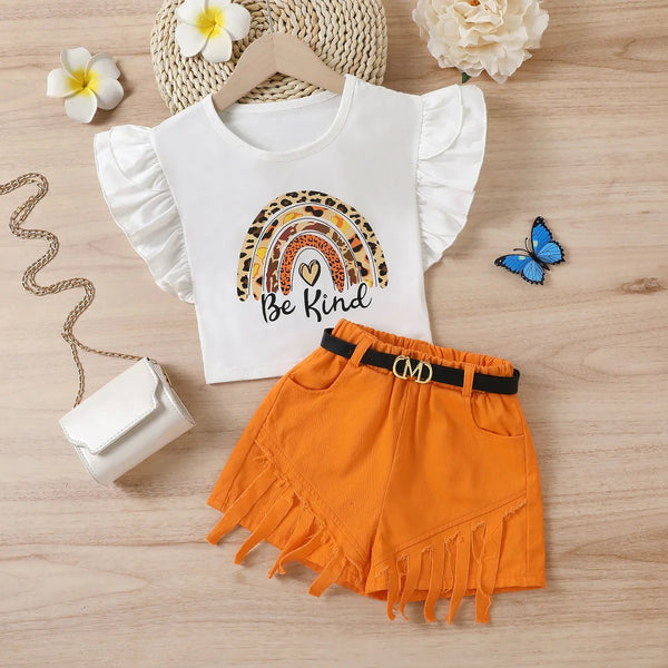 Girls White Top With Orange Shorts With Belt 3 Pcs Set