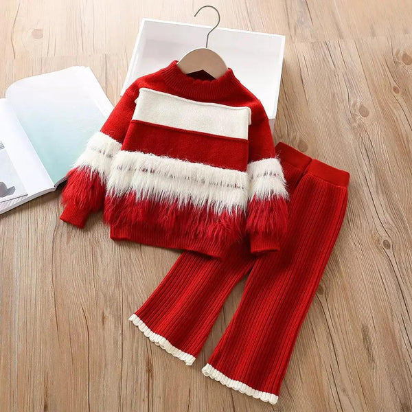 Girls Red & White Knitted Top And Pants 2 Pcs Set TrendyKid
