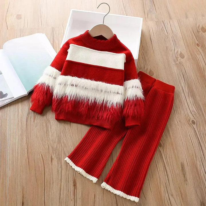 Girls Red & White Knitted Top And Pants 2 Pcs Set TrendyKid