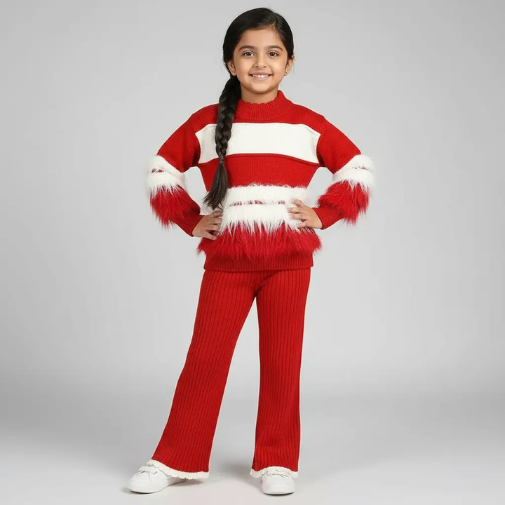 Girls Red & White Knitted Top And Pants 2 Pcs Set TrendyKid