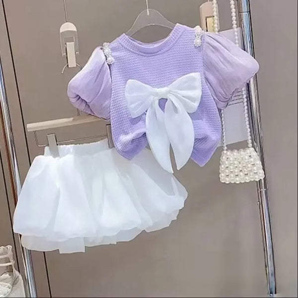 Girls Bow Designer Top And Skirt 2 Pcs Set