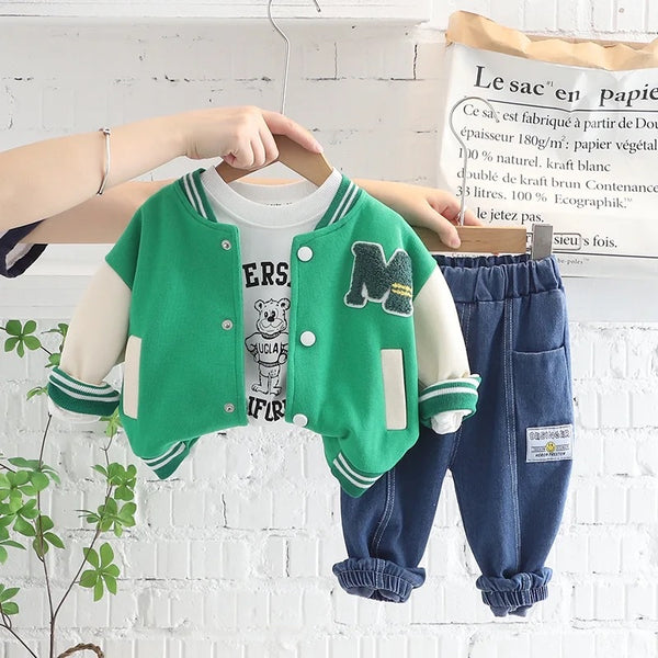 Boys Green Jacket With T-shirt And Jogger 3 Pcs Set