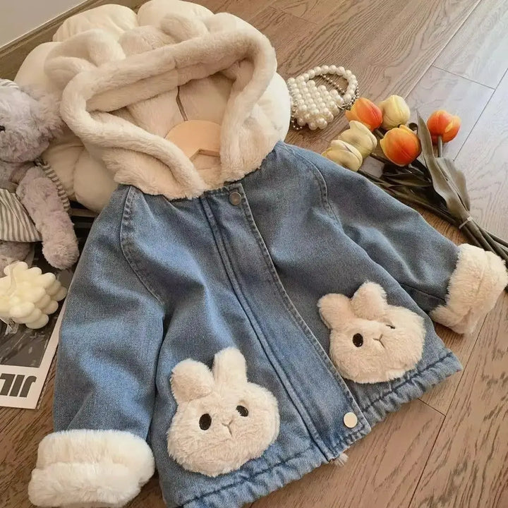 Girls Hooded Denim Winter Jacket With Fleece & Bunny Pockets TrendyKid