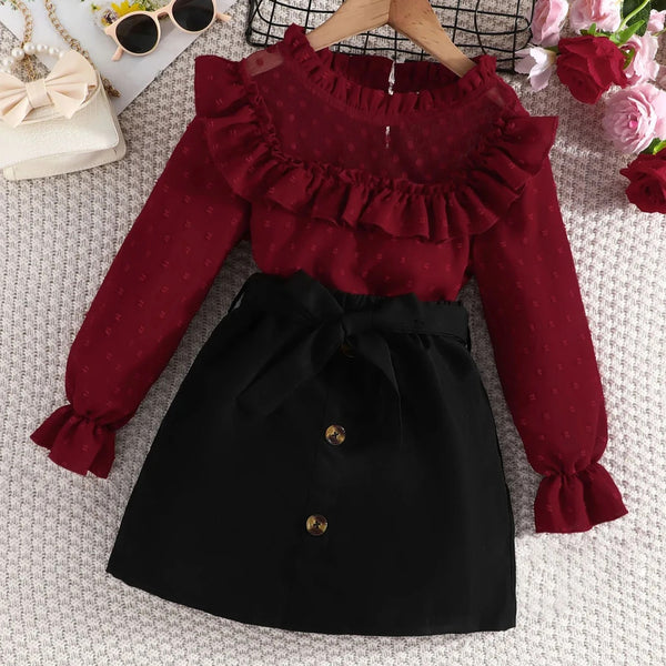 Girls Maroon Self Design Ruffled Top And Skirt 2 Pcs Set