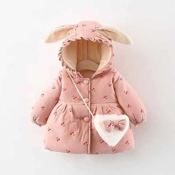 Girls Winter Warm Puffer Jacket With Hoodie And Rabbit Ear