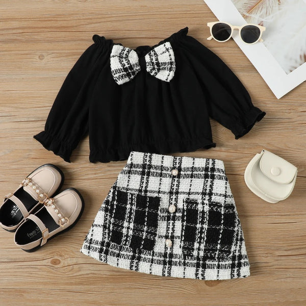 Girls Black Top With Tweed Skirt And Bow