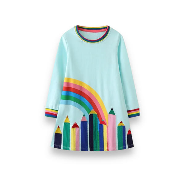 Girls Summer Blue Rainbow Patchwork Casual Trendy Dress