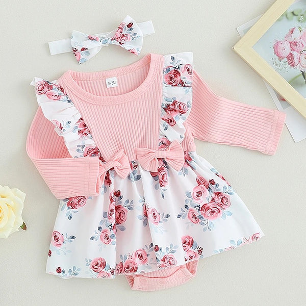 Baby Girl Floral Printed Pink Romper Dress With Head Band